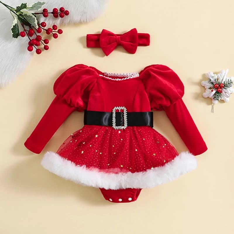 Baby Girls Rompers Dress Christmas Clothes Patchwork Sequins Stars Moon Skirt Hem Long Sleeve Toddler Bodysuits with Headband