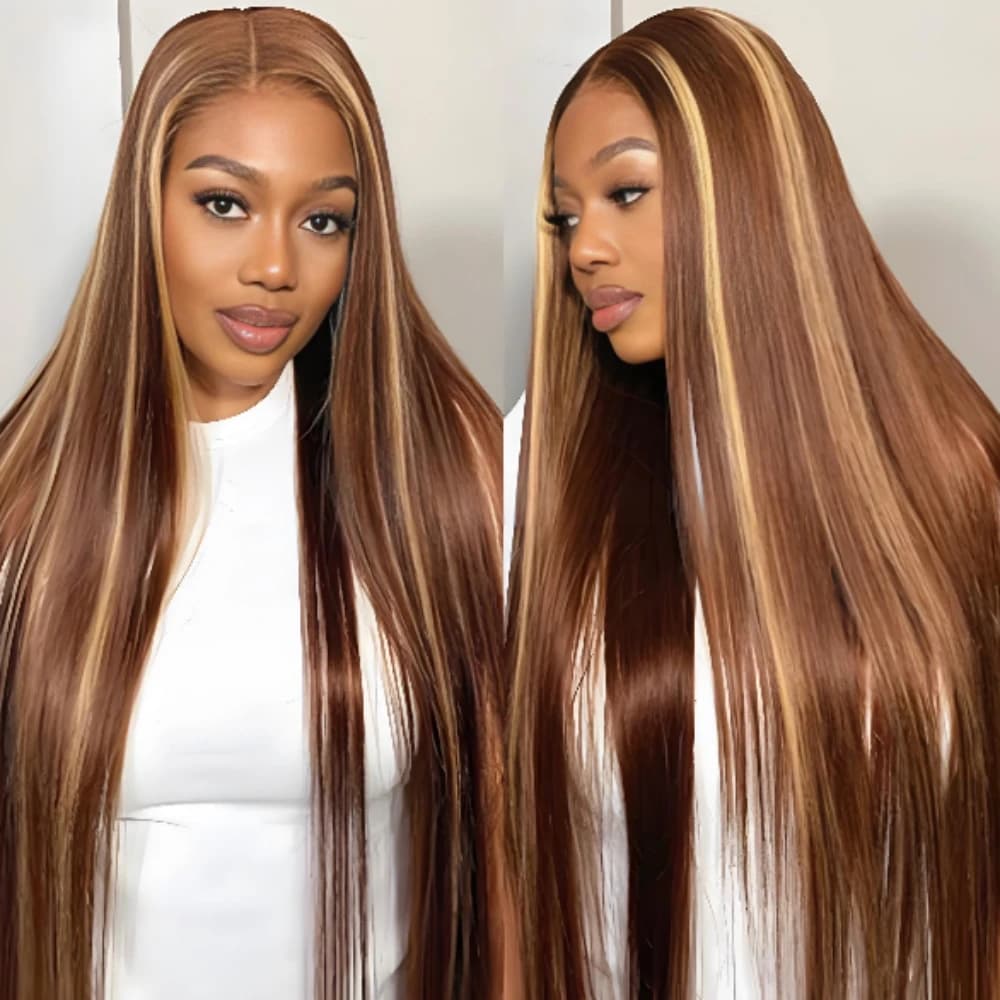 Highlight 4/27 Straight Wig 46 Long Inch 100% Human Hair 13x6 HD Transparent Lace Frontal Wig Frontal Pre Plucked Wigs For Women