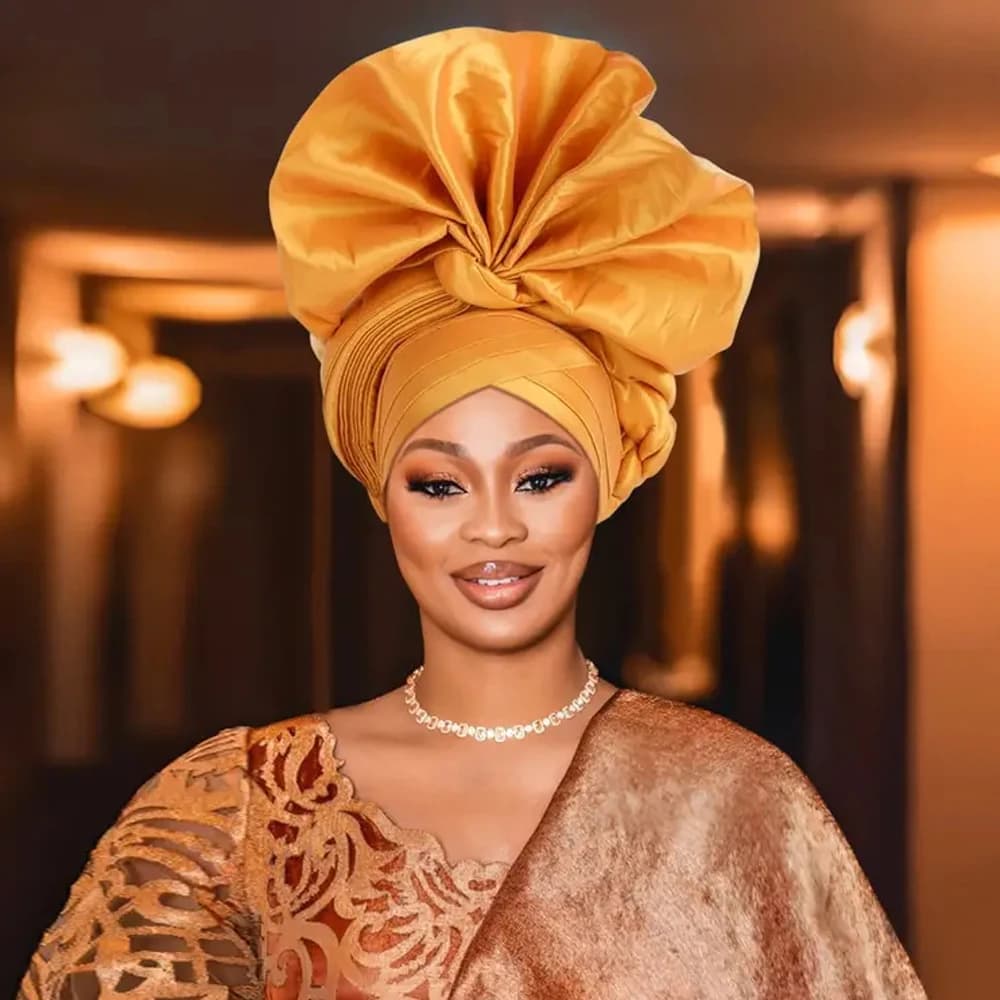 2024 African Female Turban Cap Women's Autogele Headtie Nigeria Raw Silk Fan Gele Wedding Party Head Wraps Headwear Turbante
