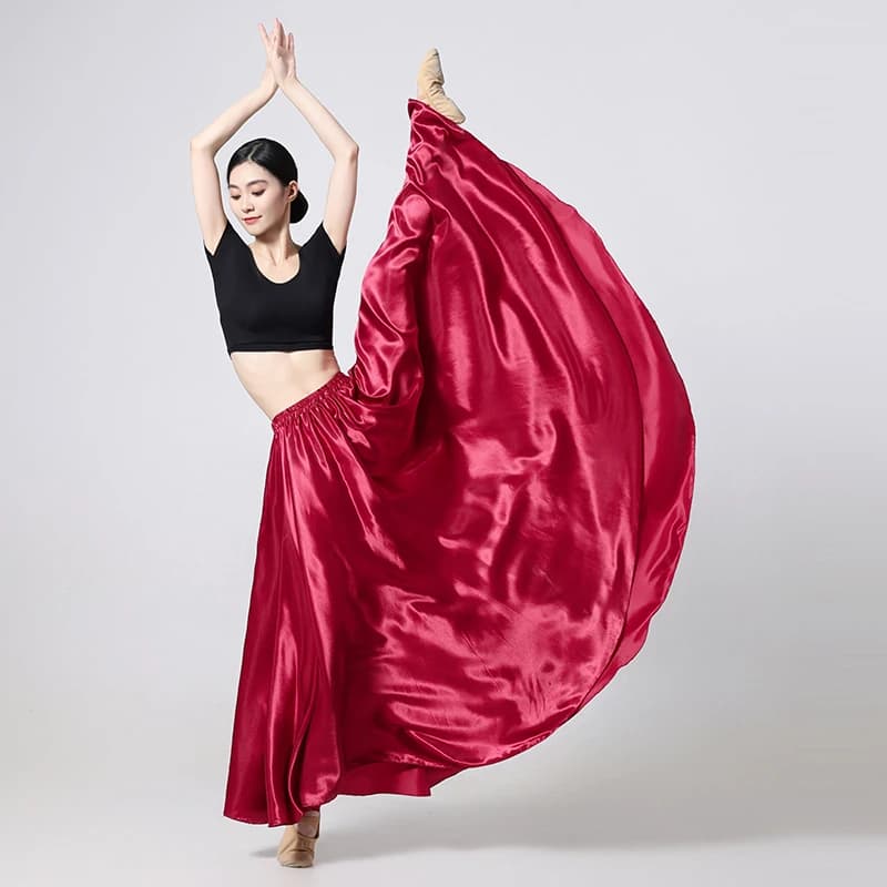 Women's Satin Long Skirt with Elastic Waistband for Ballroom Latin Belly Dance Full Circle Performance Skirt
