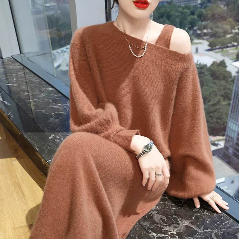 100% Mink Cashmere One-neck Long-sleeved Pullover +V-neck Suspender Dress Two-piece Korean Loose Autumn Winter Thickened Suit