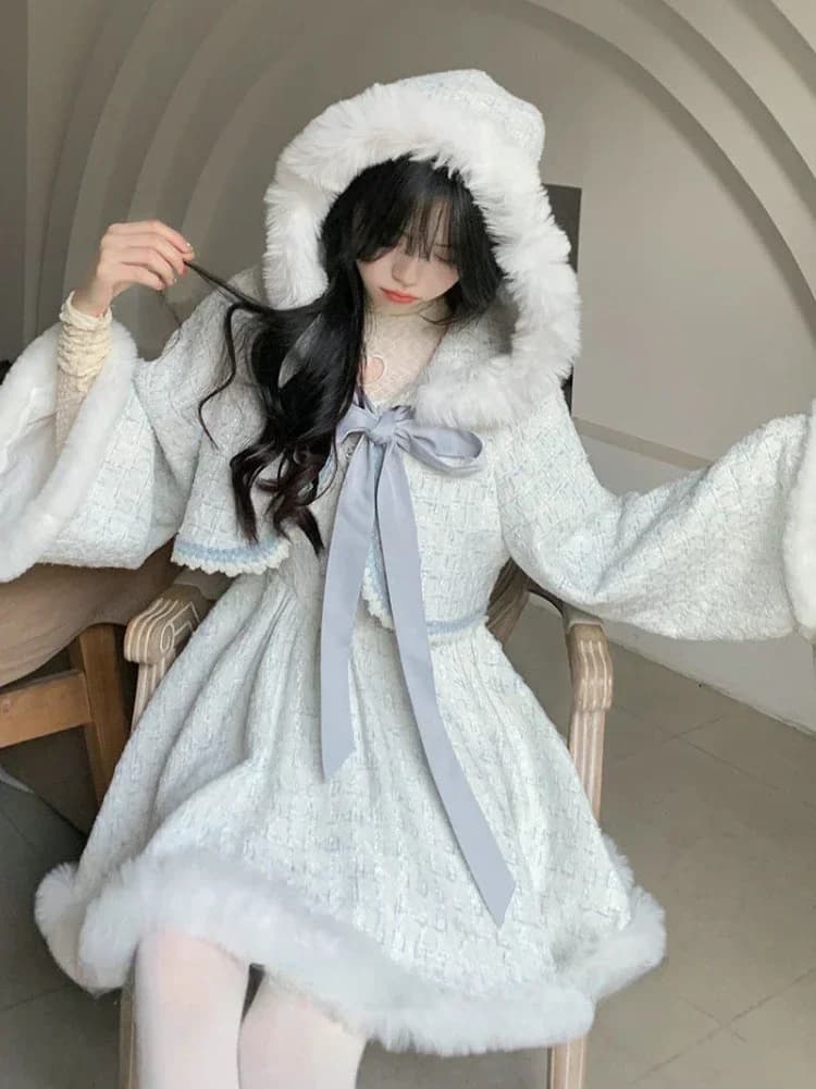 2024 Spring 2 Piece Dress Sets Women Casual Elegant Hooded Coats + Sweet French Short Party Dress Female Japanese Lolita Suits