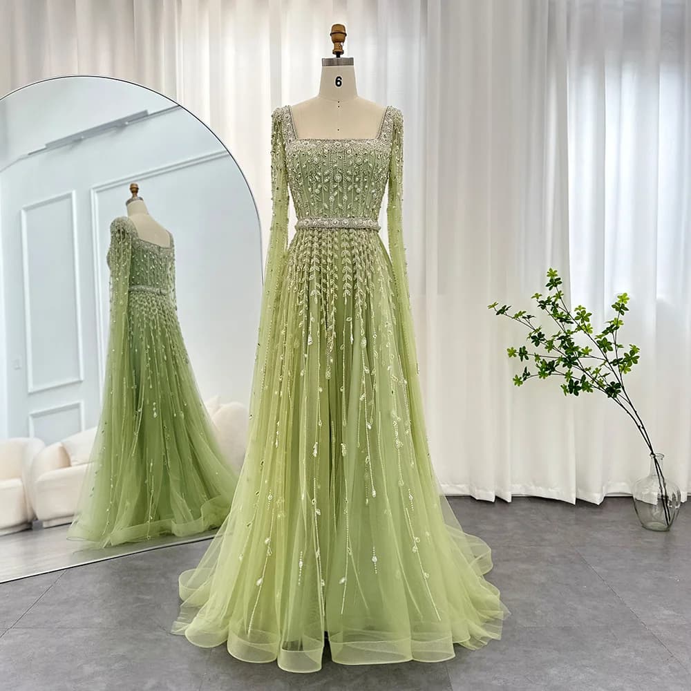 Sharon Said Sage Green Luxury Evening Dress for Women Wedding Square Neck Cap Sleeves Muslim Formal Party Gowns SS494 Customized