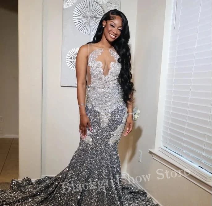 Glitter Silver Grey Long Prom Dress 2025 For Black Girls Glitter Sexy Inlaid Sequins Mermaid Dresses For Formal Occasions Custom
