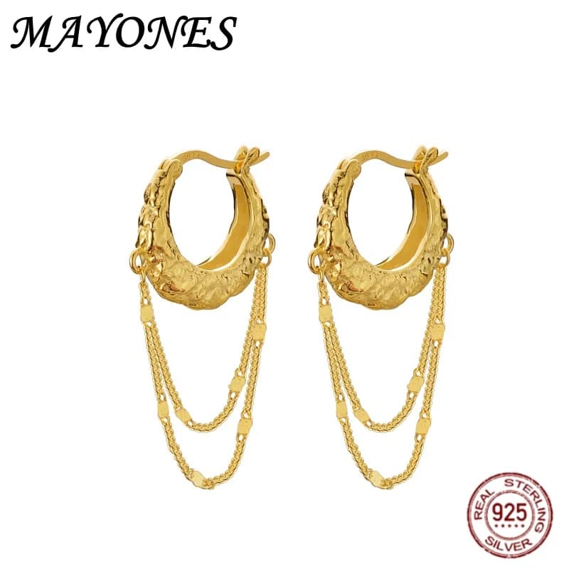 Chic Retro S925 Solid Silver Irregular Lava Texture tassel Earrings for Women's Style Jewelry