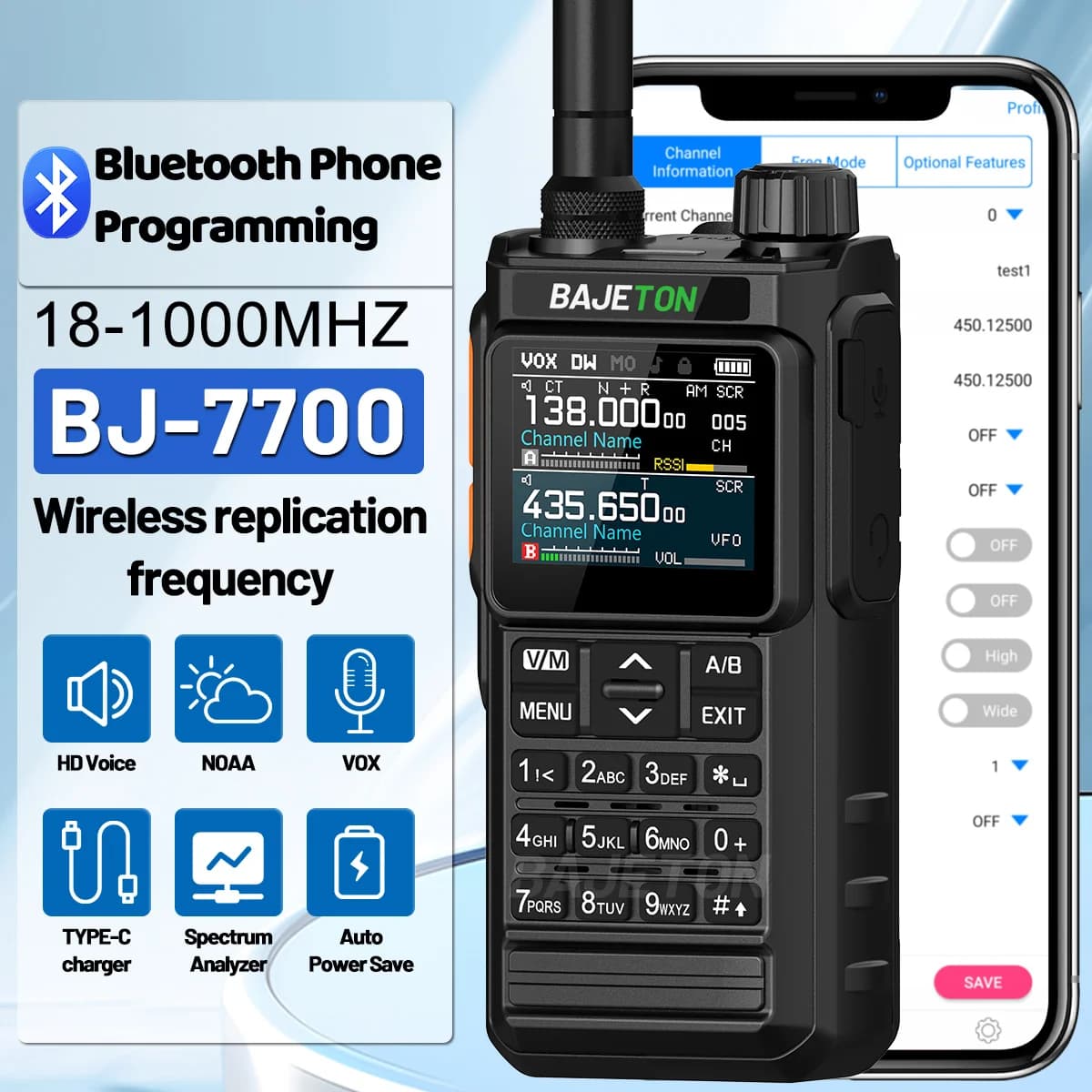 BAJETON BJ7700 Walkie Talkie Portable Full Band Bluetooth Programmer Noise Reduction Spectrum Analyzer AM FM NOAA Two Way  Radio