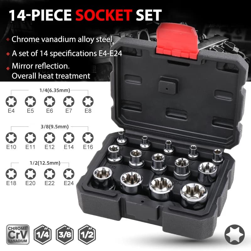 14Pcs E Type Torx Star Female Bit Socket Set Wrench Sockets E4-E24 for Home DIY Metalworking Auto Repair Tools
