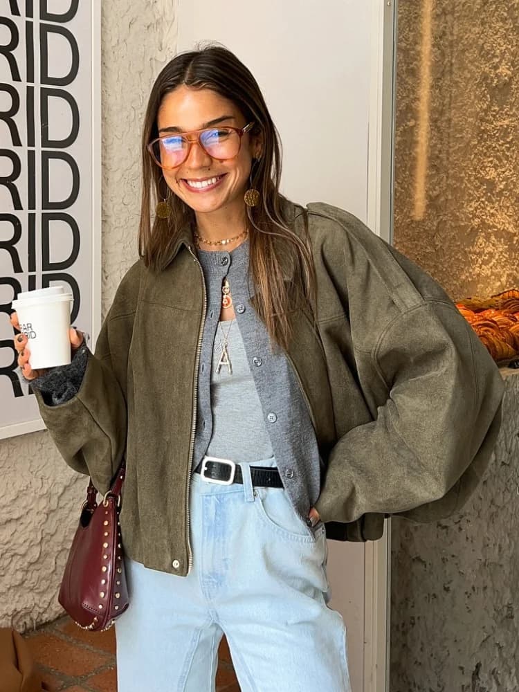 Elegant Green Suede Jacket For Women Fashion Lapel Collar Batwing Sleeved Zipper Cropped Coat 2025 Spring Ladies High Streetwear