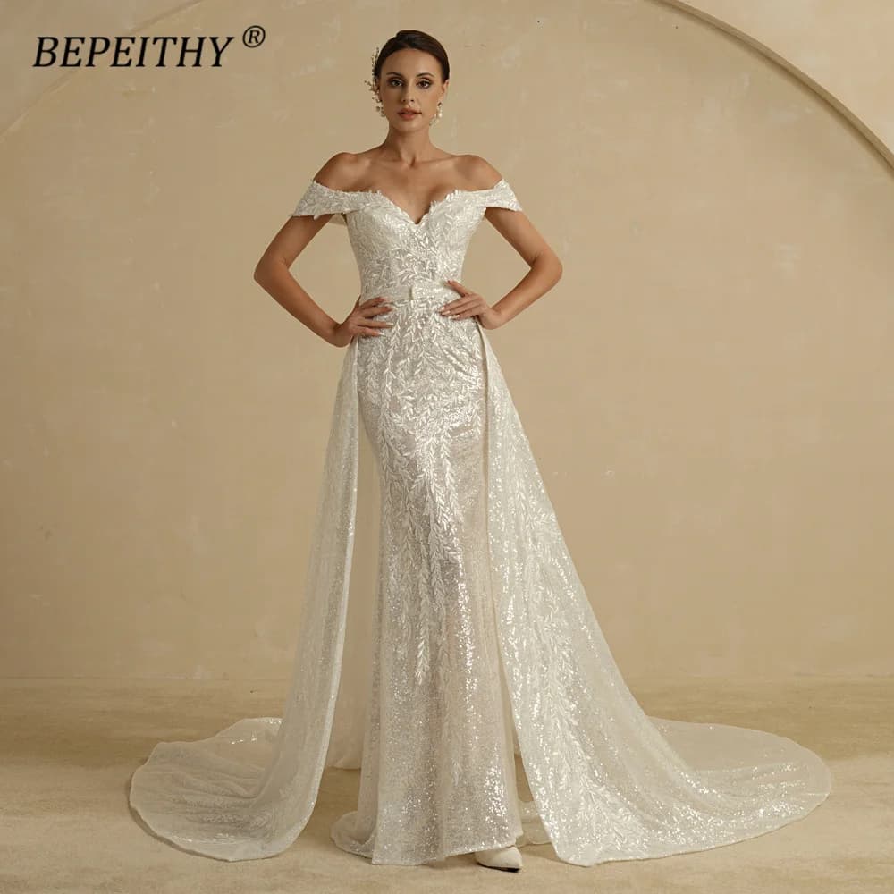 BEPEITHY Customized Sequins Mermaid Wedding Dresses 2022 For Women 2 In 1 Detachable Train Lace Bridal Gown Beach Vestido Novia