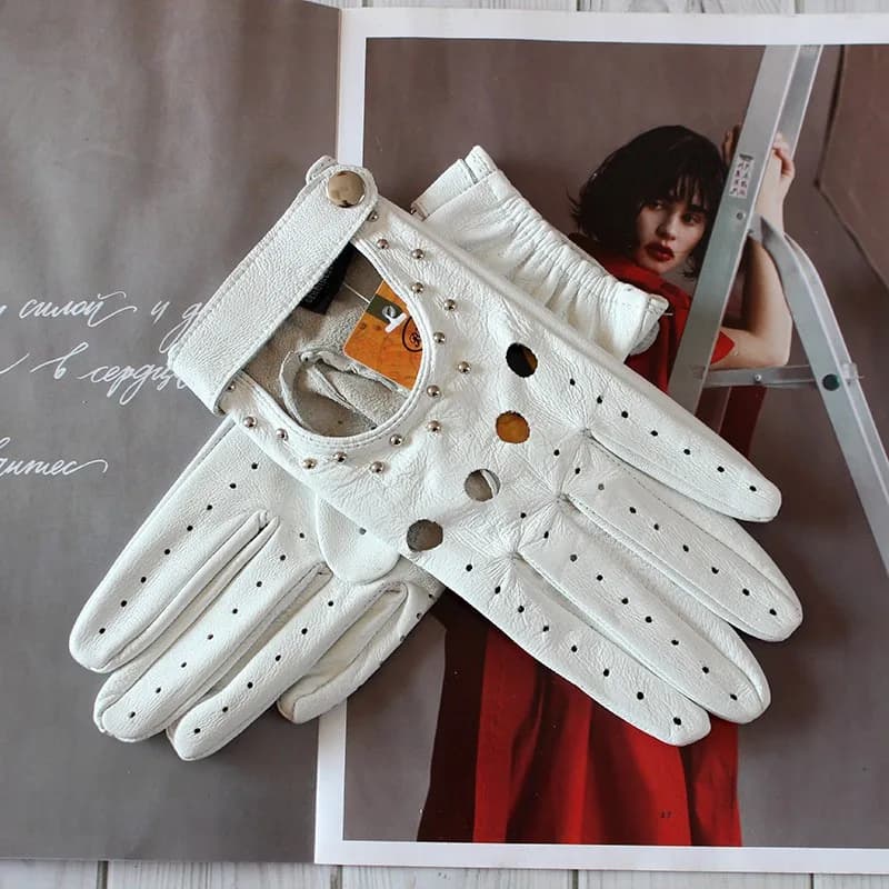 Summer Driving All Finger Leather Gloves Women's Sheepskin Unlined Fashion Hollow Out Style Outdoor Motorcycle Riding