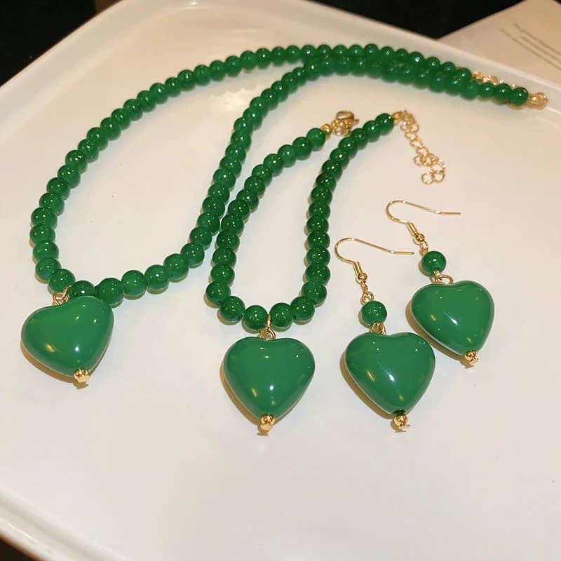 Elegent Necklaces Earrings Bracelet Set Green Agate Beads Necklace Heart Pendant Necklaces Women Vintage Jewelry Set Accessories