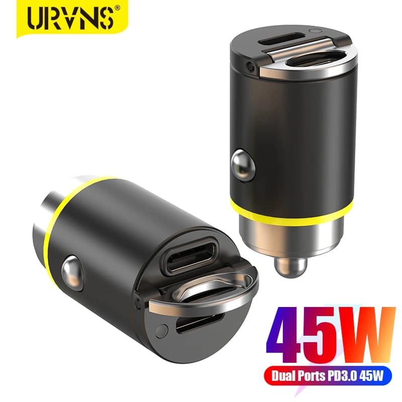 URVNS 45W Dual USB C Car Charger with Mini and All-Metal Body, (PD3.0 45W+45W) Type-C Fast Charging for iPhone 14 Pixel MacBook