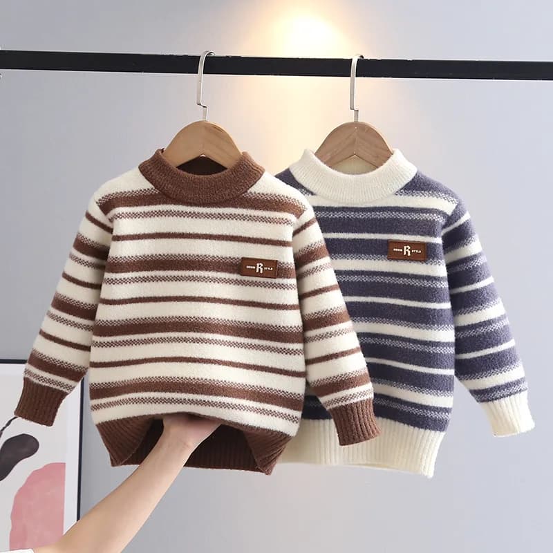 Children Boys Autumn Winter Sweater Cotton Sticker Striped Little Boy Pullovers Round Collar Casual Colorful Knitwear HY11121