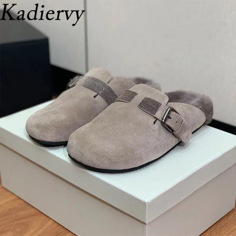 Winter Flat Slides Woman Round Toe String Bead Metal Buckle Mules Shoes Women Cow Suede Outdoor Wool Warm Slippers Women