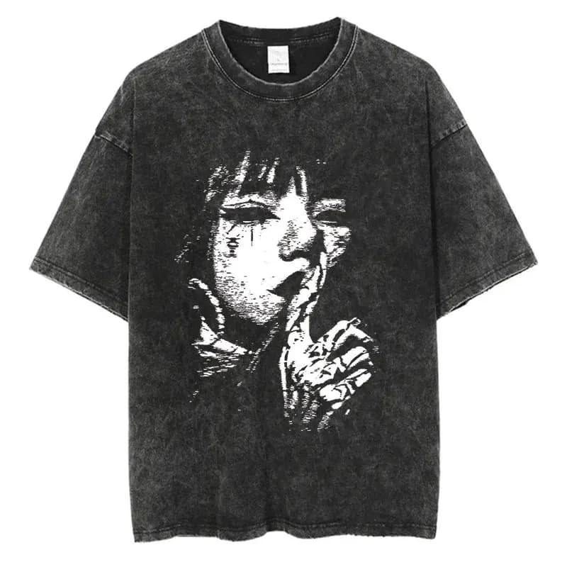 Men Fashion Washed T Shirt Streetwear Graphic Print Harajuku Hip Hop T-Shirt Summer Black Short Sleeve Cotton Loose Tops Tees