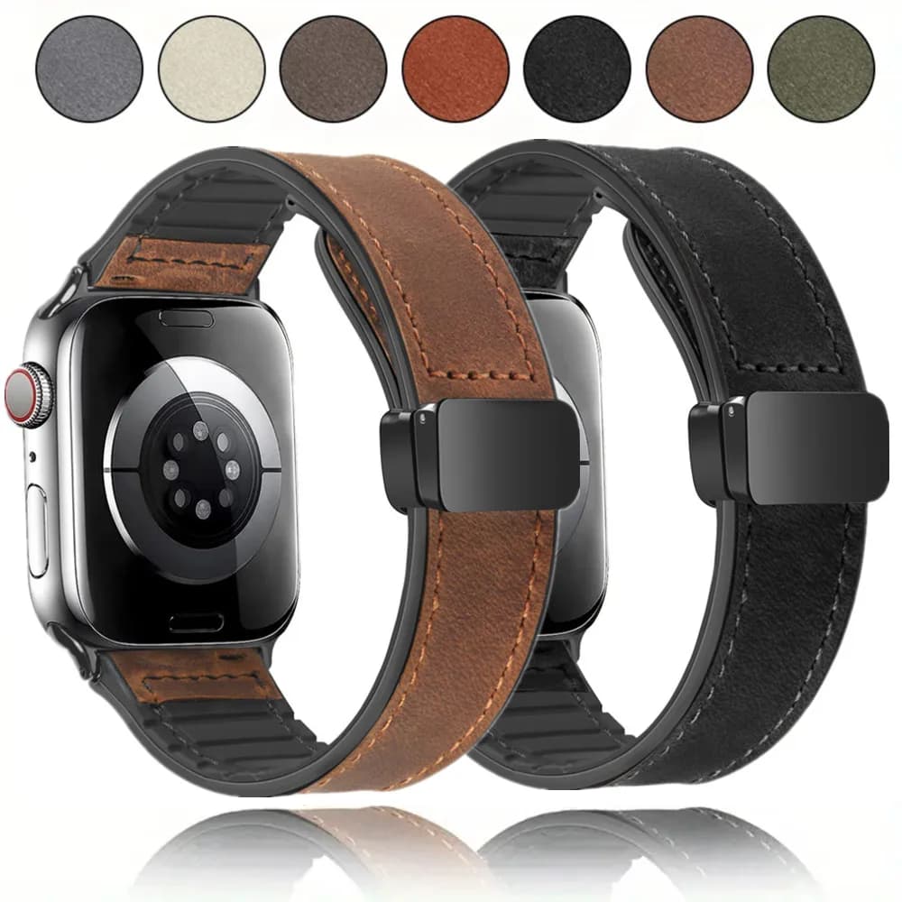 Leather+Silicone Strap For Apple Watch Band Ultra 49mm 44mm 45mm 41mm 46mm 40mm 42mm Magnetic Bracelet iwatch Series 11 10 9 8 7