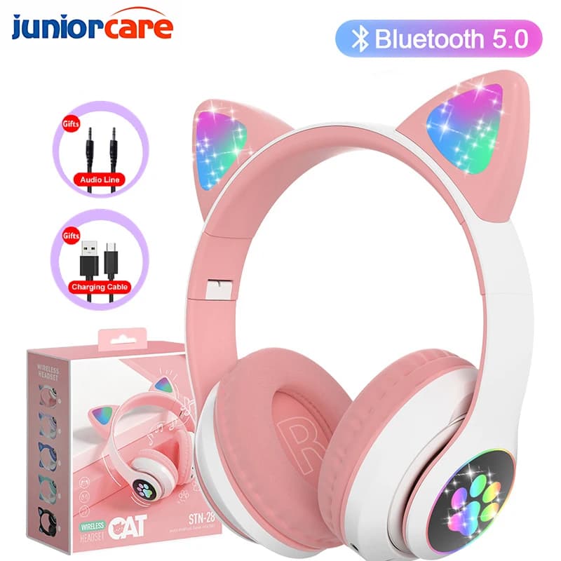 2025 New Flash Lamp Cute Cat Ears Headphone Bluetooth 5.0 Stereo Mic Support TF Card Wireless Earphone Kids Girl Birthday Gifts
