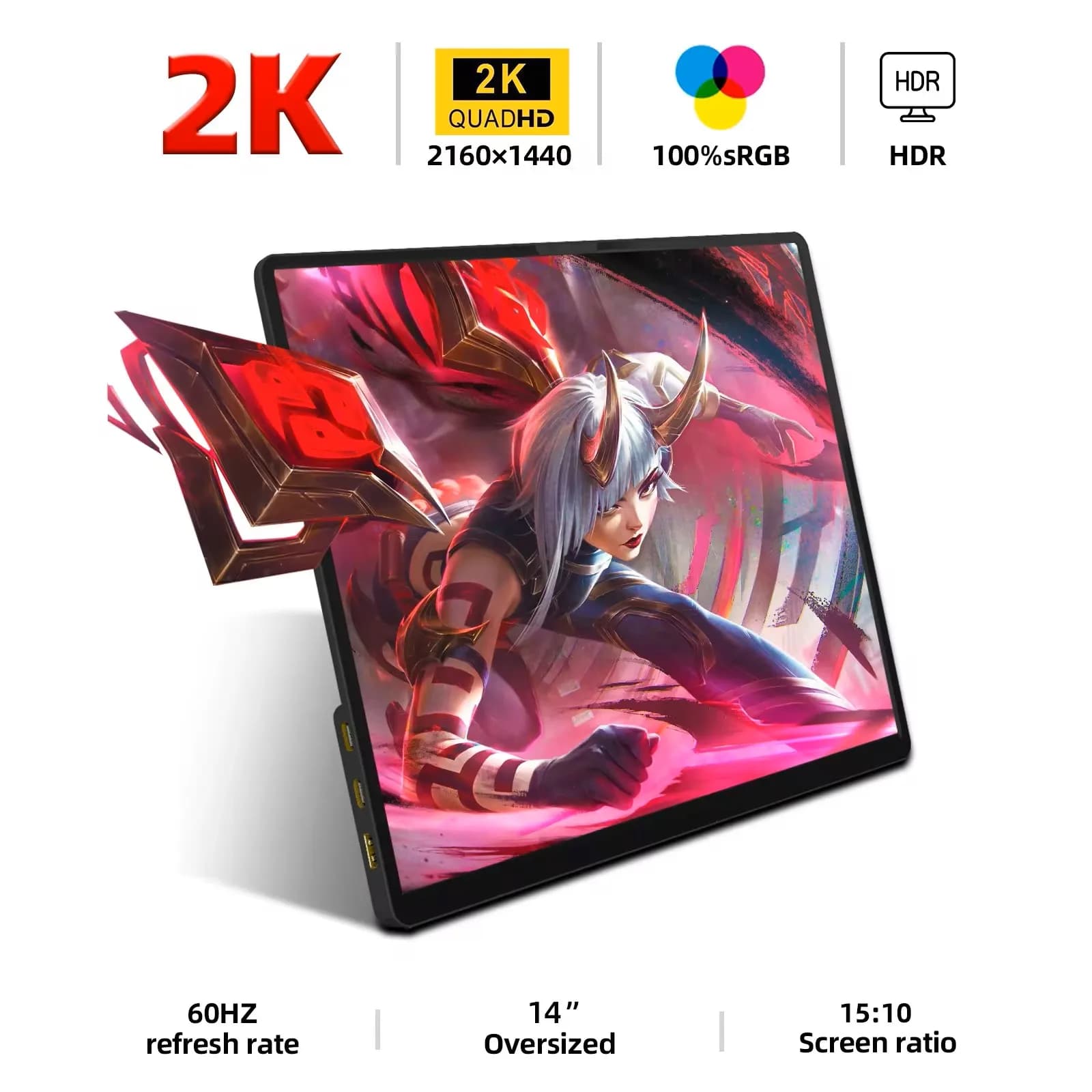 14 Inch 2K Portable Monitor 2160*1440 15: 10 IPS HDMI TYPEC  For Laptop XBox PS4/5 Switch Cell Phone Computer Extension Office