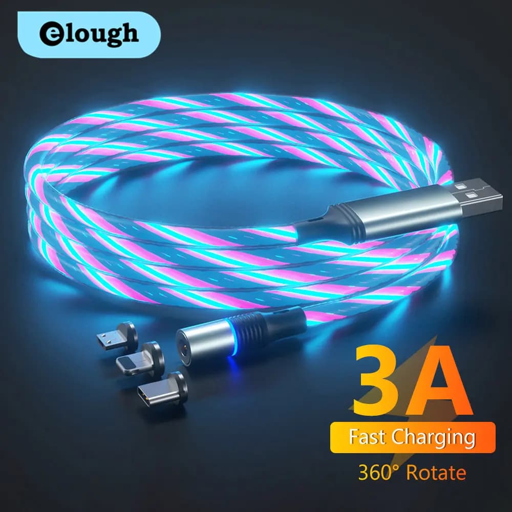 Elough 360 Luminescent Magnetic Cable 3A Fast Charging Micro USB Type C Cable For iPhone Xiaomi Samsung Phone Data Cord Wire