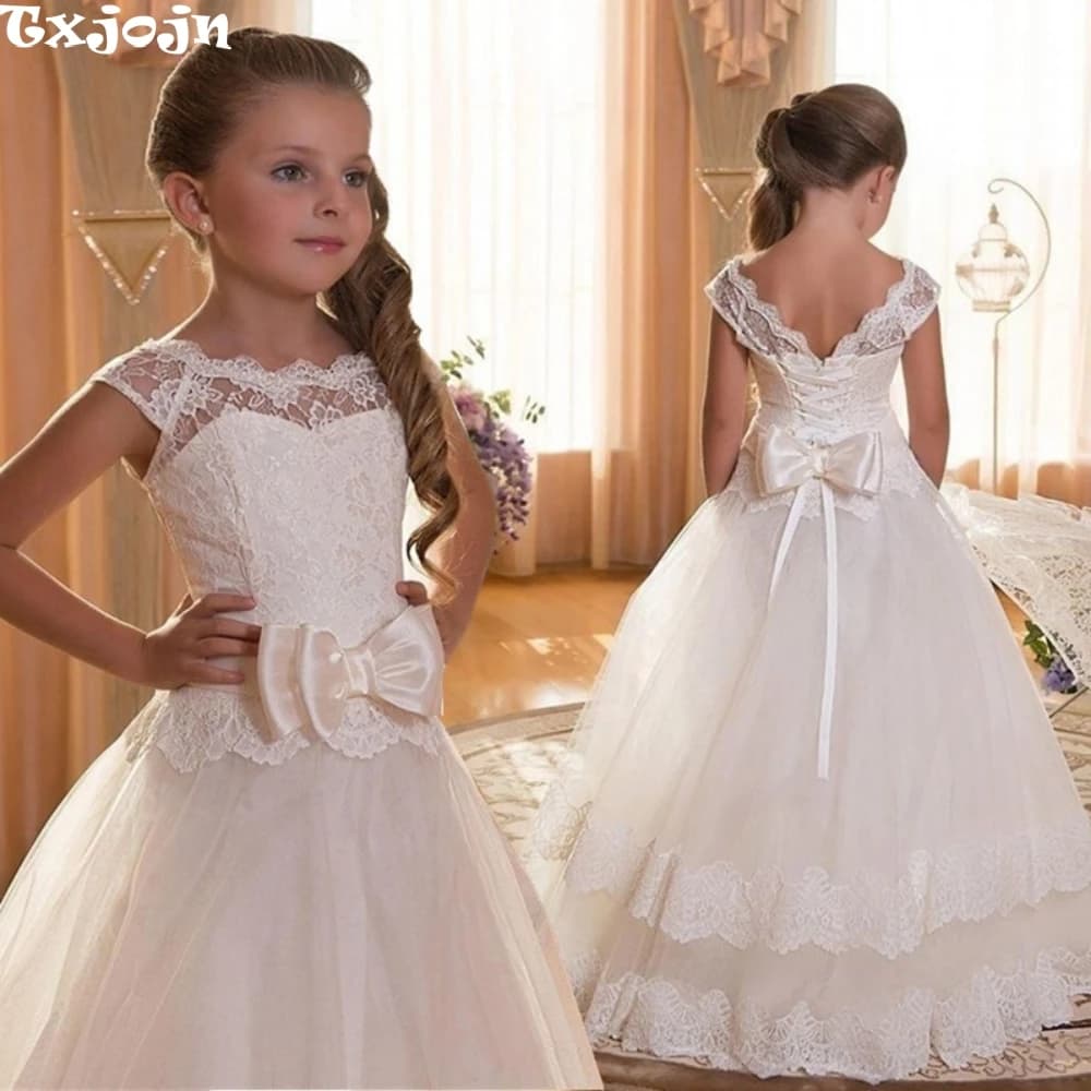 Kids Beautiful A-line Lace Appliques Long Dress For Wedding Birthday Party Classic Short Sleeve Bow First Communion Gown