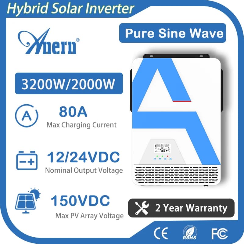 Anern Hybrid Solar Inverter 3.2KW 2KW 24V 220V Off Grid Inverter MPPT 140A Converter 3600W 6200W Pure Sine Wave Inverter 3200W