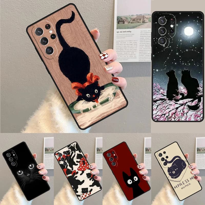 Black Cat Face Kitty phone case Cover For Samsung Galaxy S24 Ultra S21 S22 Ultra S8 S9 S10E Note 10 Plus Note 20 FE S23