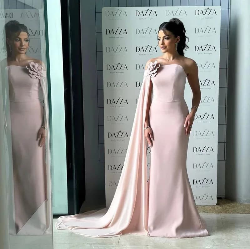 Dubai Mordern Style Strapless Prom Dresses Single Cape Mermaid Pink Dress Women Evening Gowns Formal Fitted Partycustomized