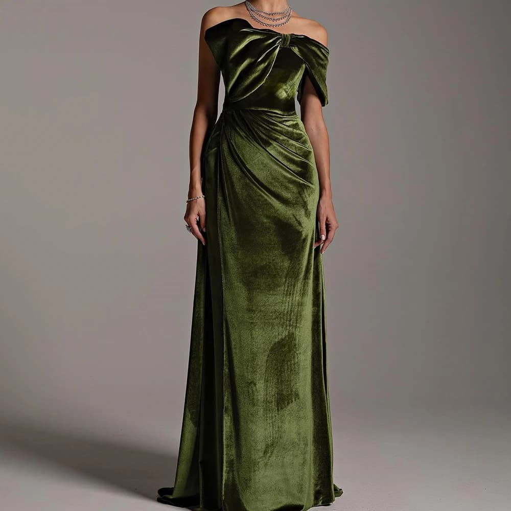 customizedCustomized Green Velvet Bow One Shoulder Evening Dresses Exquisite A-Line Sweep Train Short Sleeves Party Gown Saudi