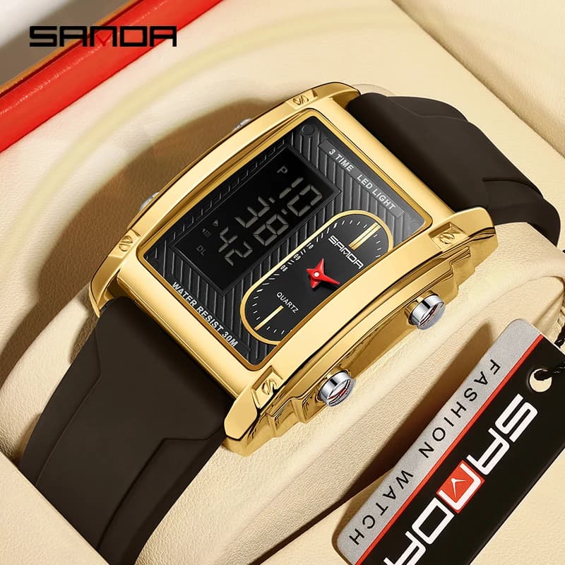 SANDA Top Brand Luxury Watches for Men Quartz Wristwatch Square Gold Double Display LED Digital Electron Clock Relogio Masculino