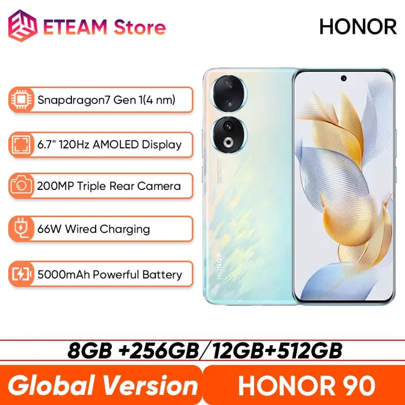 New HONOR 90 5G Original 6.7 inch OLED Global Version Snapdragon 7 Gen 1 200MP Ultra-Clear Camera 5000mAh 66W Supercharger 120Hz