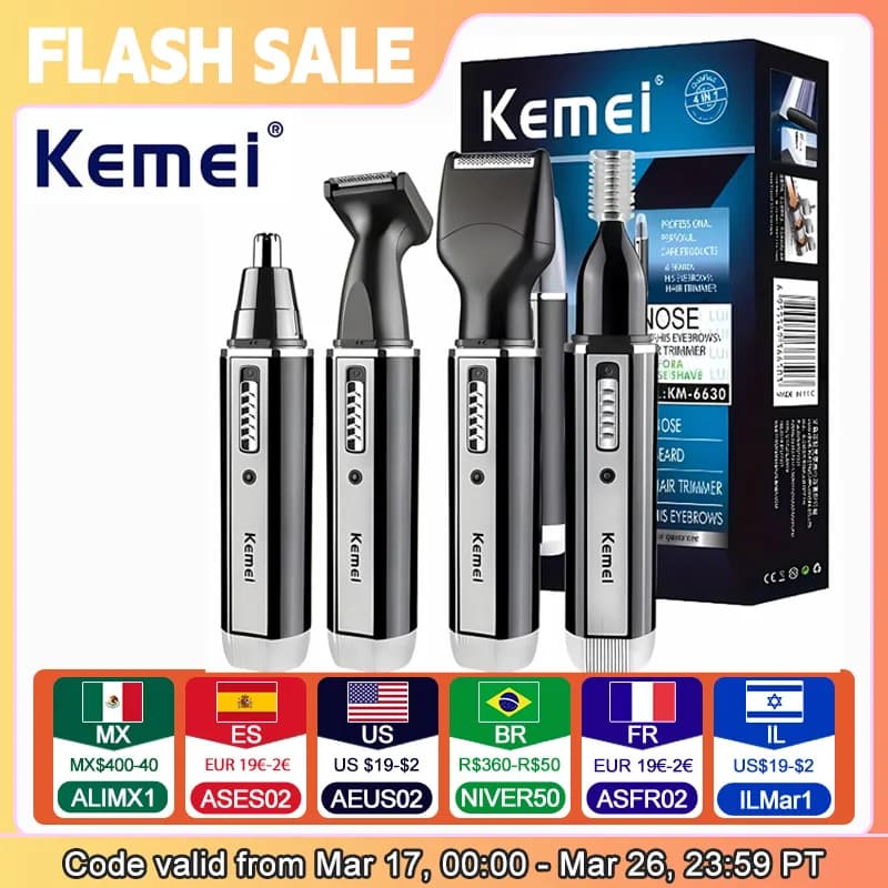 Kemei KM-66304-in-1 Professional Electric Rechargeable Nose & Ear Hair Trimmer Shaver for Men's Personal Care Tools