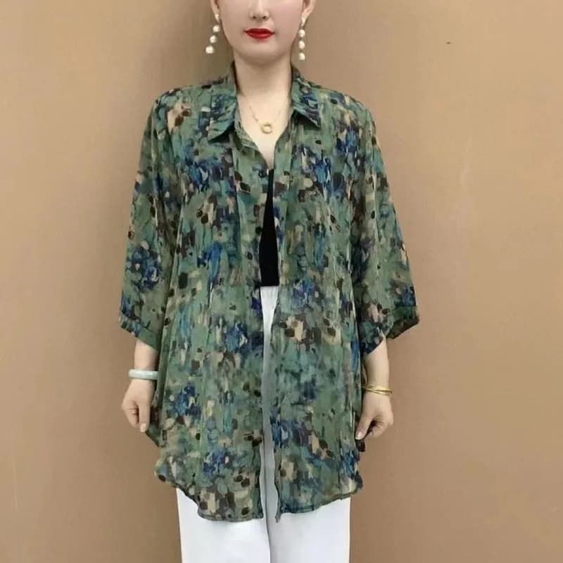 Summer New Floral Three Quarter Loose Sunscreen Clothes Top Turn-down Collar Large Size Women's Clothing Thin Casual Cardigan