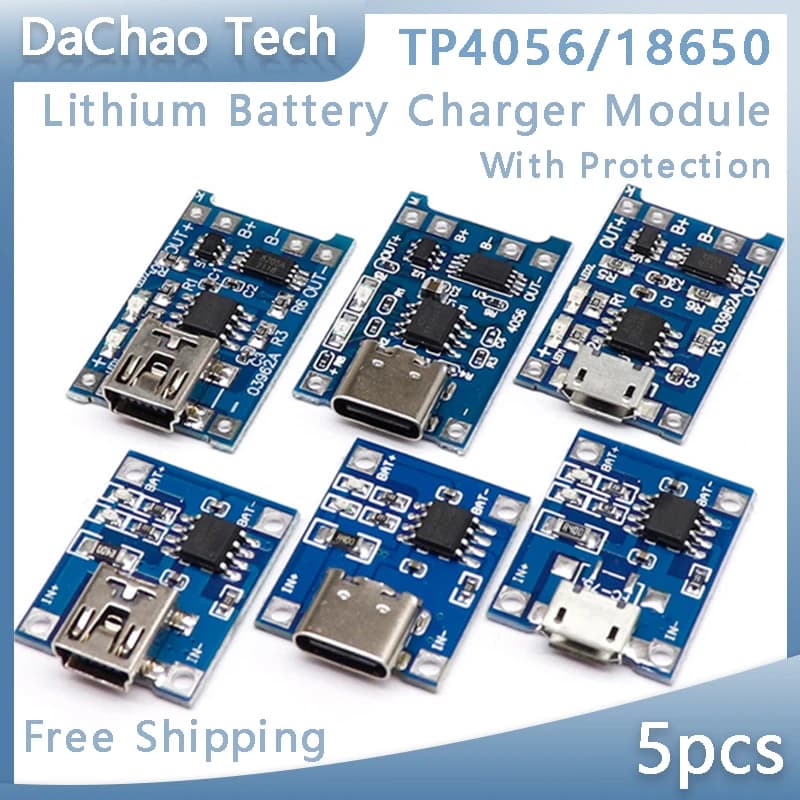 5Pcs Type-c/Micro/Mini USB TP4056 18650 Lithium Battery Charger Module 5V 1A  Charging Board With Protection Dual Functions