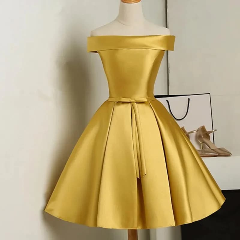 Golden Off The Shoulder A Line Cocktail Dresses Lace Up Satin Short Party Dresses Elegant Wedding Bridesmaid Gowns Evening Gowns