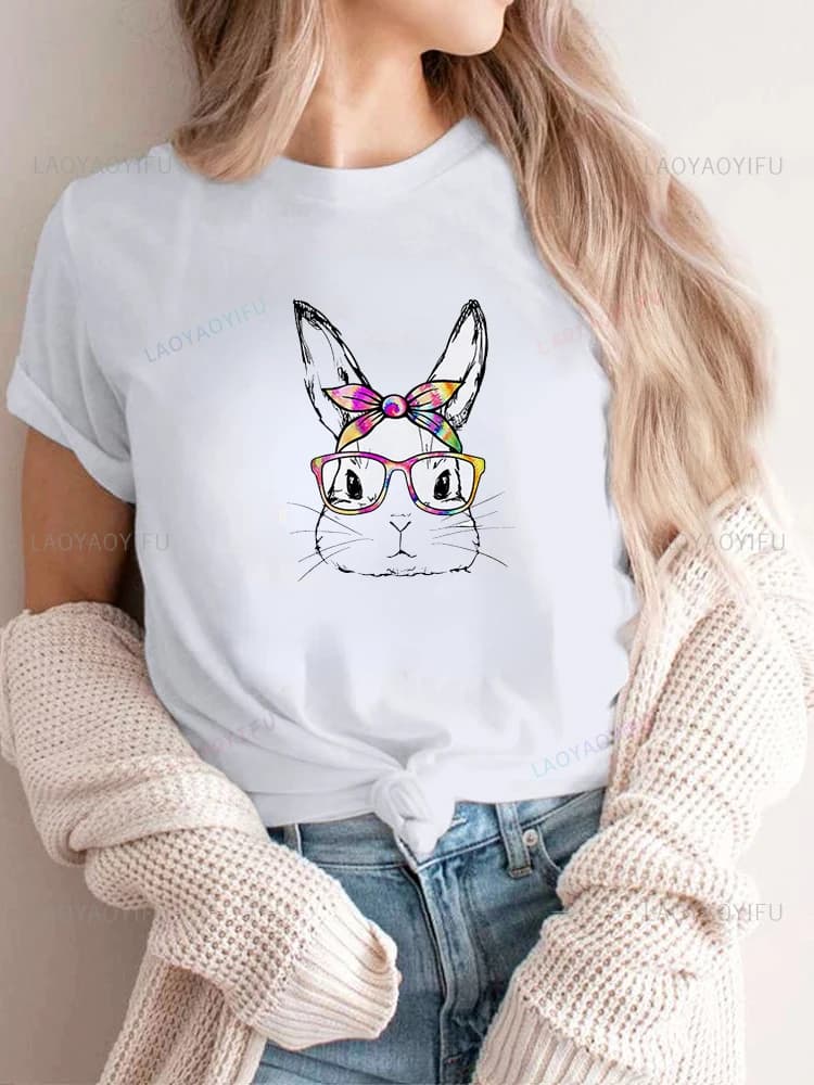 Clever Rabbit Print T-shirts Cute Funny Graphic T Shirts Summer Women Floral Fashion Ladies Clothes