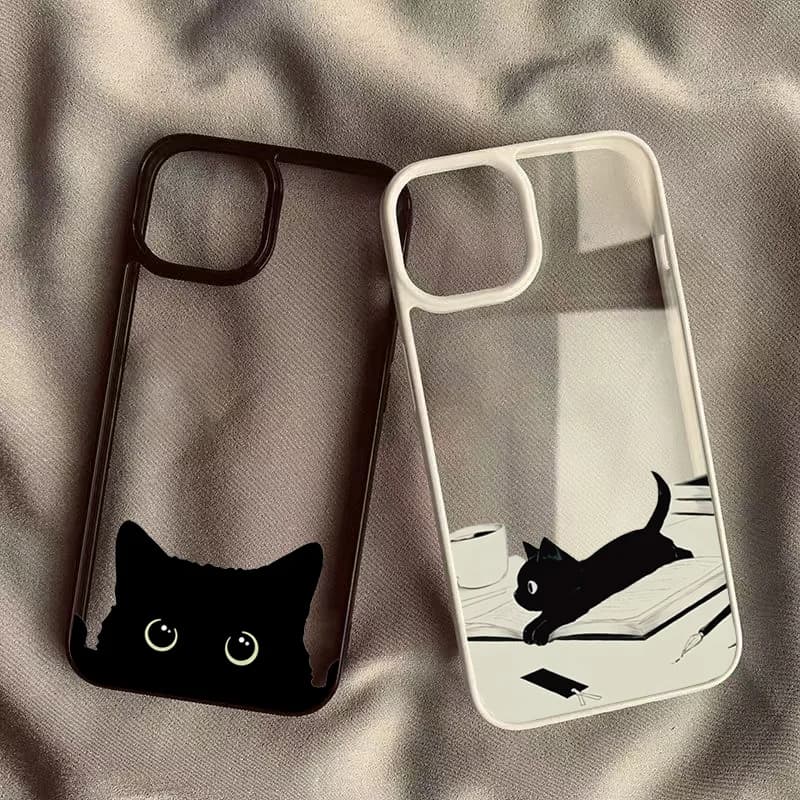 Cute Black Cat Pattern Hard Clear Phone Case For iPhone 15 16 Pro Max Plus 16E 14 13 12 11 Pro XS Max XR X 7 8 Plus SE2 Cover
