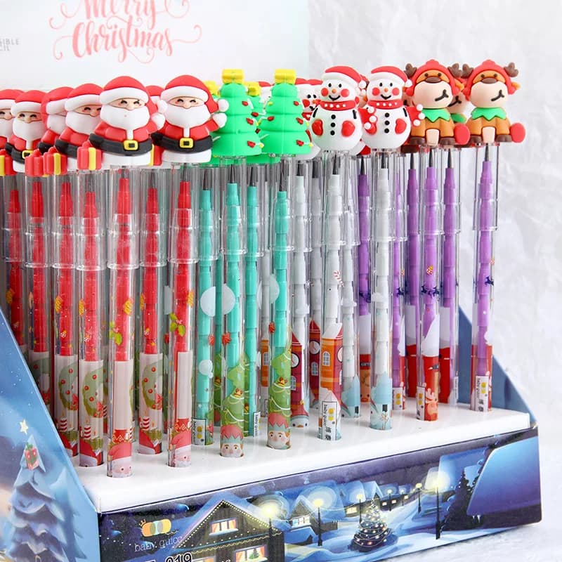 6/56pcs Cute Christmas Sharpening Free Pencil Kawaii Cartoon Snowmen Santa Elk Student Building Block Pencil School Stationery