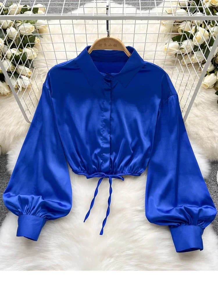 2025 New Temperament Fashion Women's Sexy Satin Shirt Bow Tie Lace Lapel D Lantern Sleeve Slim Short Top UK798