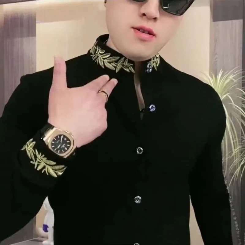 Casual Ethnic Style Men's Fashionable Slim Fit Long Sleeved Sweatshirt Black Trendy Versatile Small Stand Up Collar Shirt