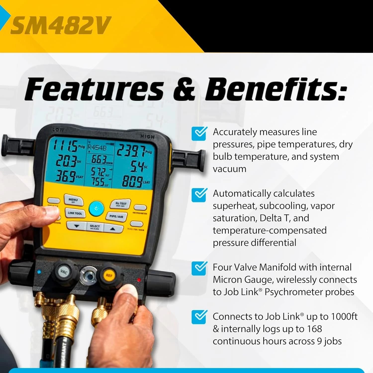 SM482V Wireless 4-Port Refrigerant Manifold with Vacuum Gauge – Air Conditioning/Refrigerant Digital Gauges for  Refrigeration