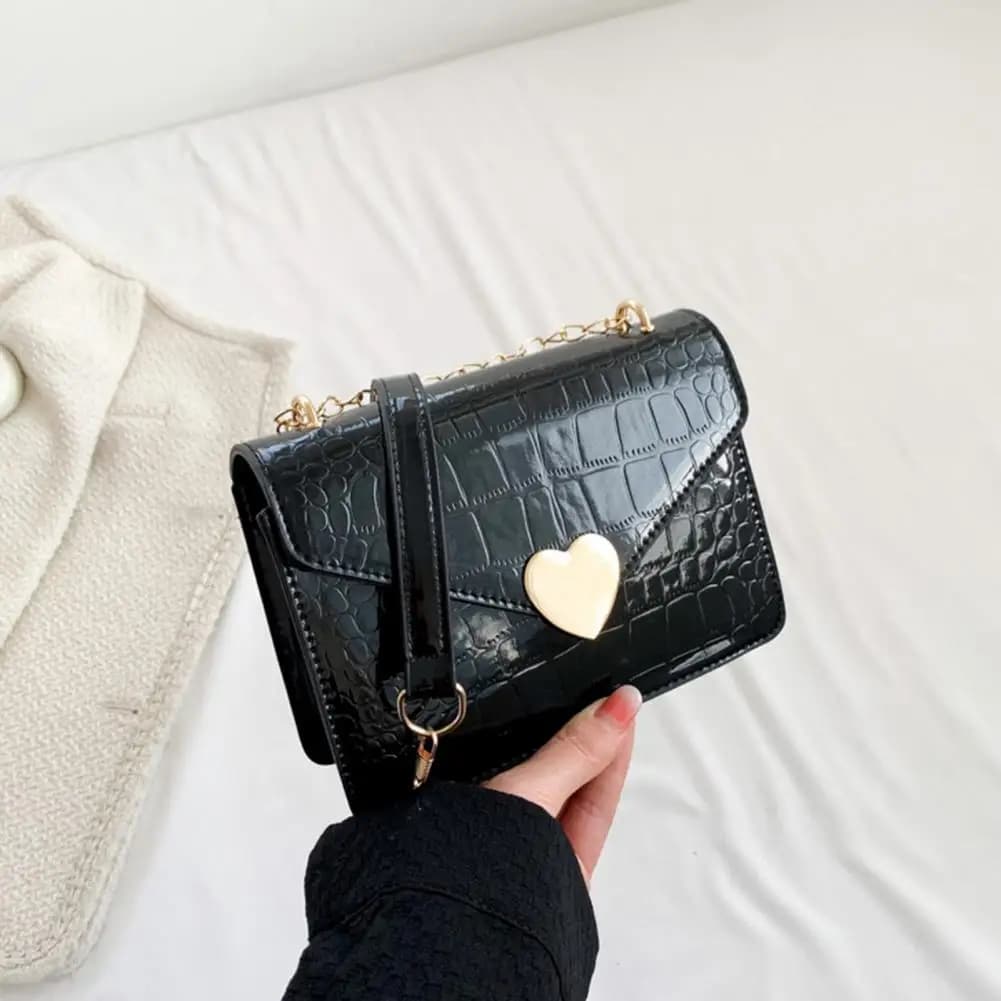 Women Crossbody Bag High Gloss Faux Leather Handbag Small Golden Love Heart Link Ladies Single Shoulder Bag Coins Purse