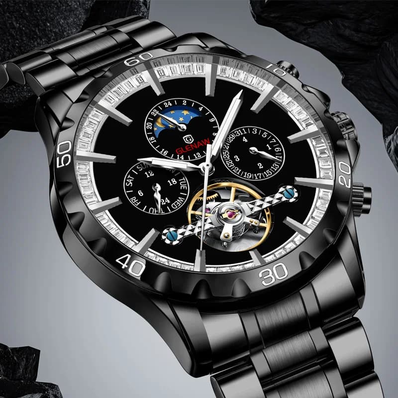 GLENAW New High Quality Mens Business Watch Moon Phase Stainless Steel Leisure Mechanical Watch Clock Luminous Black Watches Box