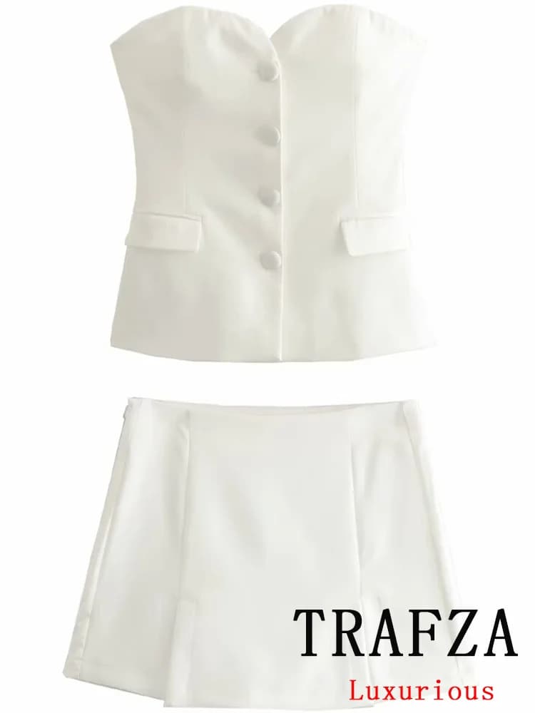 TRAFZA Casual Chic Women Suit White Solid Sleeveless Slash Neck Single Breasted Vest Loose Shorts New Fashion 2024 Spring Sets
