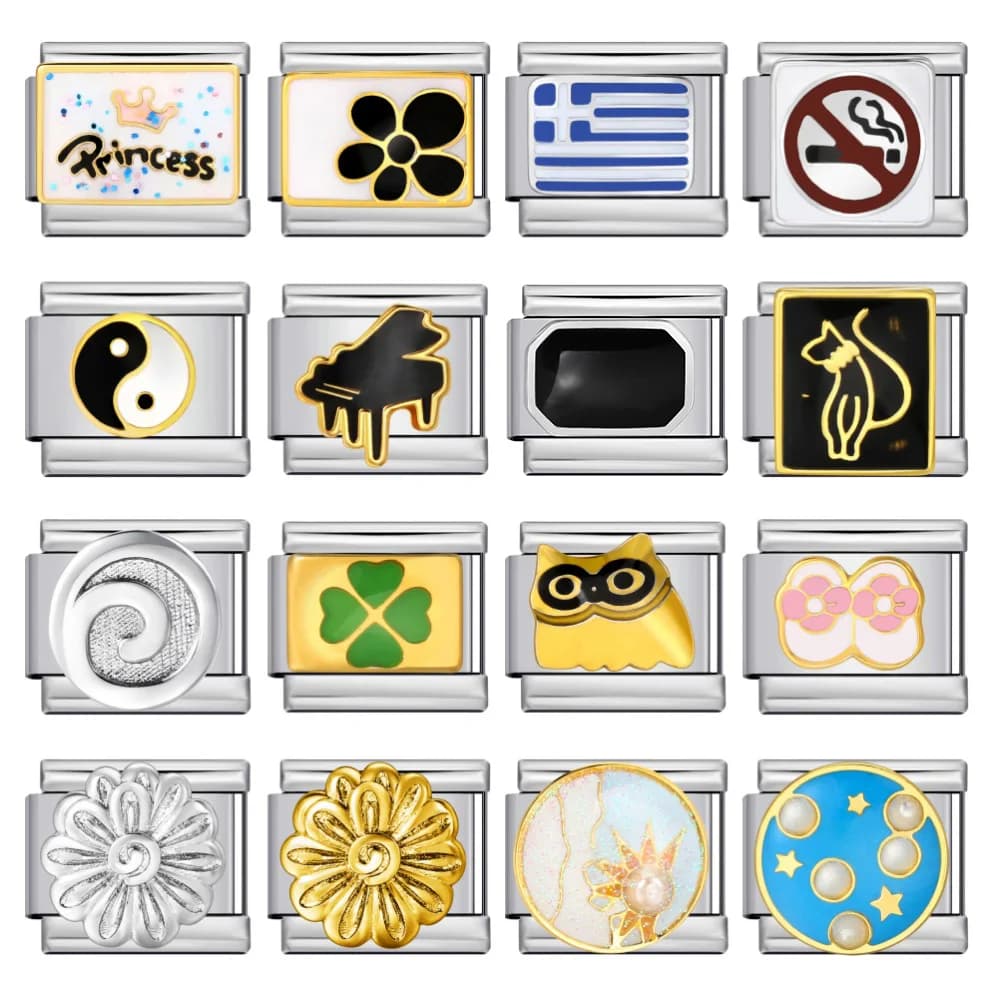 Gold Color Y2K Owl Logo Chrysanthemum Charms Link Italian Stainless Steel 9mm for Women Men Hand Chain DIY Trendy Jewelry Making