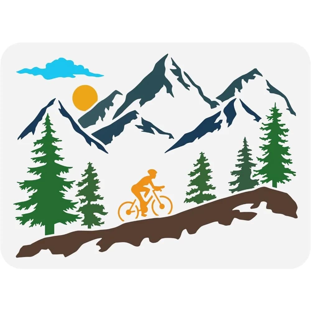 Mountain Tree and Cyclist Stencil 8.3x11.7inch Reusable Mountaineering Bikers Drawing Stencil Sunrise Painting Template Sports
