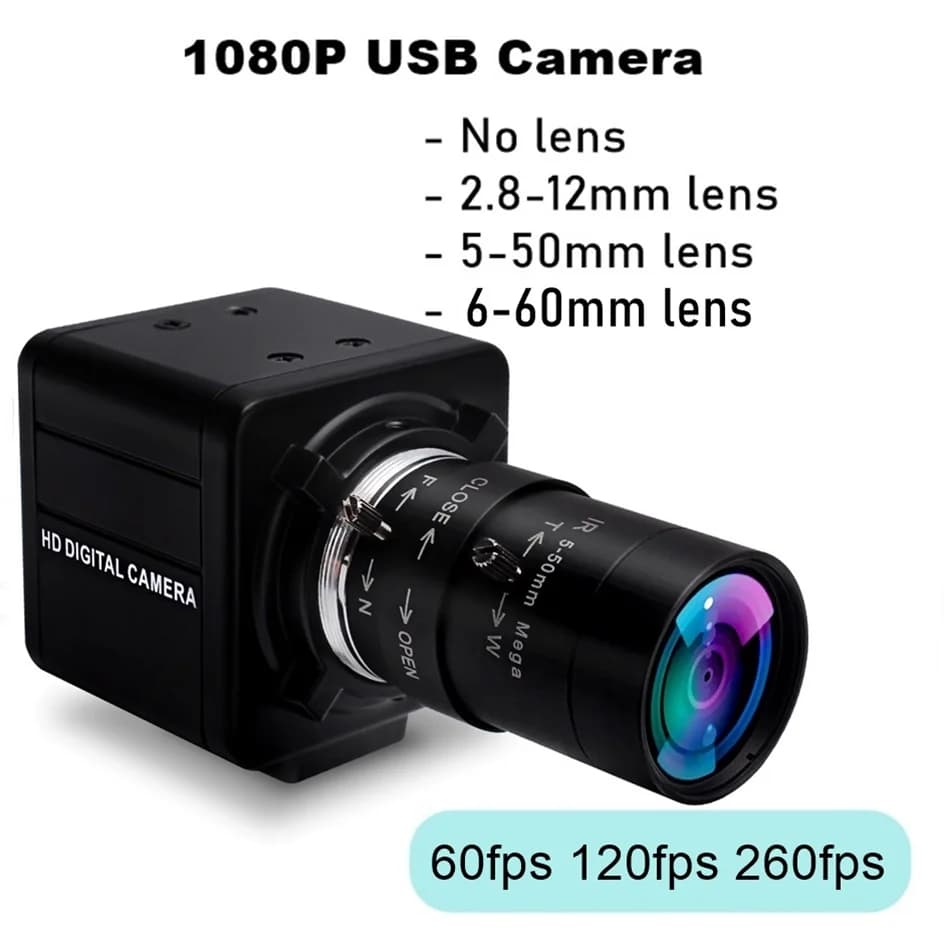 ELP 260fps 120fps 60fps High Speed USB Camera 1080P 60fps Optical Zoom Webcam OV4689 UVC PC Camera with 5-50mm Lens