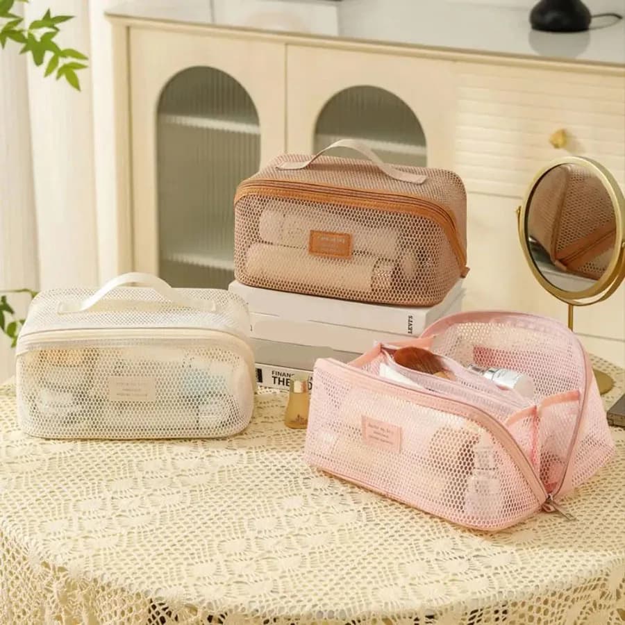 Large Capacity Mesh Handheld Makeup Bag Zipper Multi-layer Transparent Mesh Cosmetic Bag Organizer Case Square