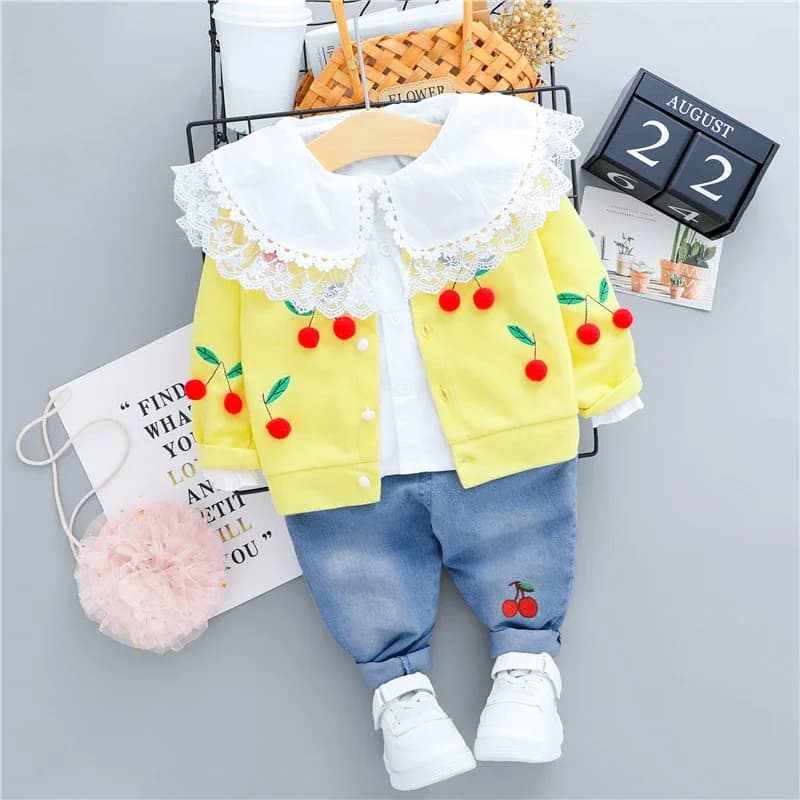 Baby Girls Clothing Sets Spring Children Lace Cherry Coats Lace Shirt Jeans Infant Newborn Clothes Outfits Princess Costume