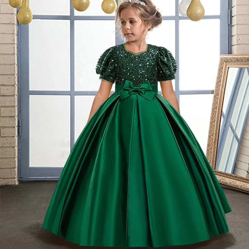 Formal Long Party Dress For Girls Children Costume Sequin Princess Dresses Girl Dress Vestidos Wedding Prom Gown Short Sleeve