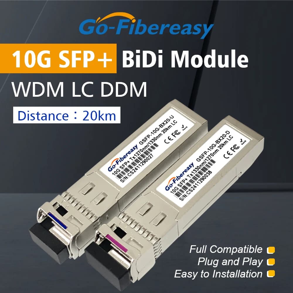 SFP 10Gb BiDi LC WDM Module 10km/20km/40km~100km Tx1270/Rx1330nm SFP+ Transceiver Compatible with Cisco/Miktotik Optical Switch